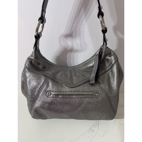 B. Makowsky Purse 100% Leather, Pewter Metallic, Metal Studs, Adjustable Strap - Picture 6 of 14